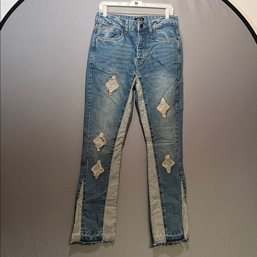 Boohoo Blue Straight Leg Jeans with Distressed Accents